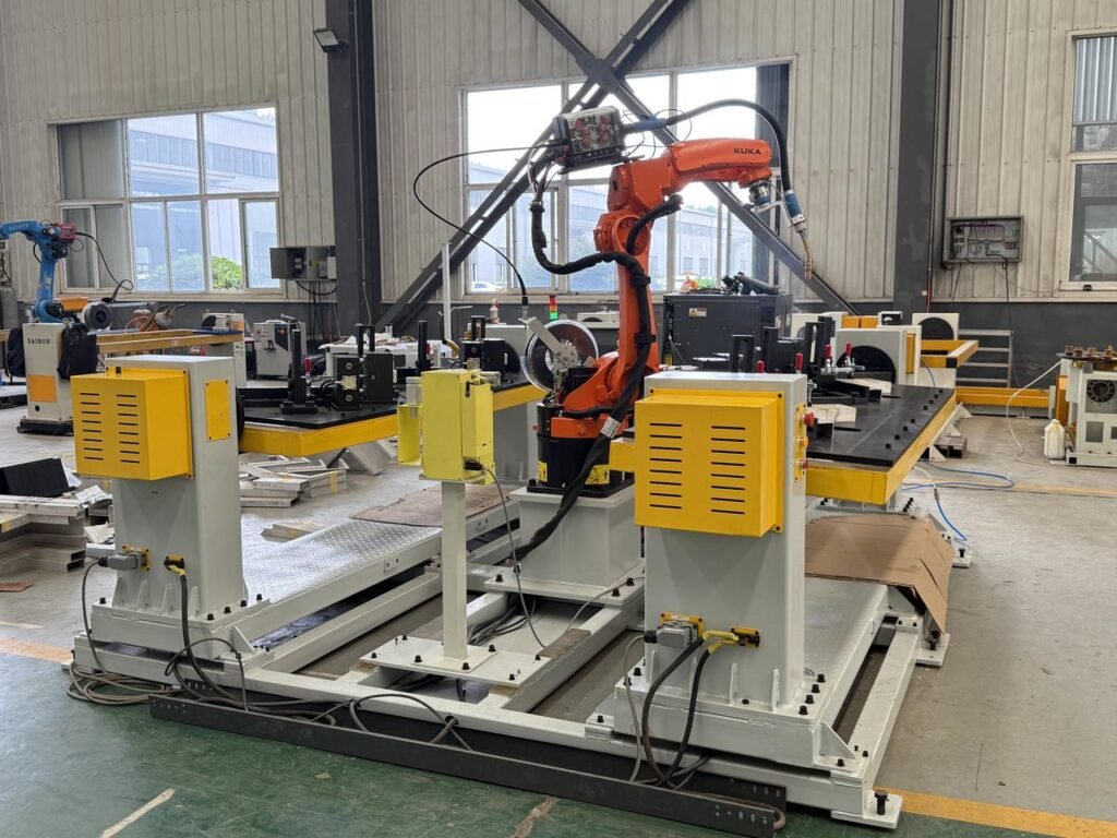 Robot welding workcell with a welding arm and fixtures on positioning equipment